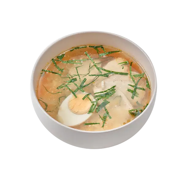 Изображение Легкий куриный бульон с орзо, яйцом и шпинатом