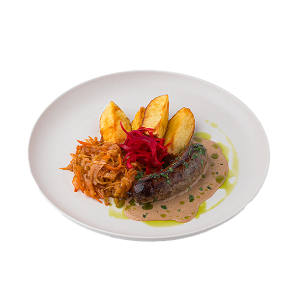 Колбаска из фермерской телятины с тушеной капустой и печеным картофелем