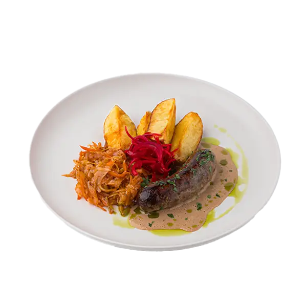 Изображение Колбаска из фермерской телятины с тушеной капустой и печеным картофелем