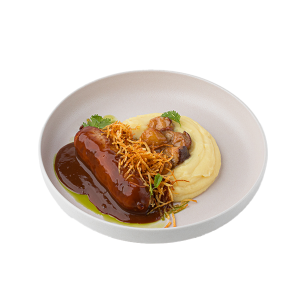 Колбаска из цыпленка с картофельным пюре и белыми грибами