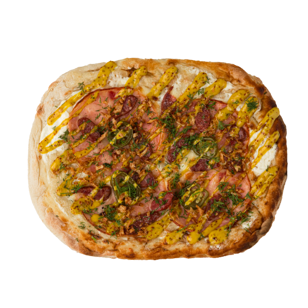 Римская пицца с колбасками и ветчиной