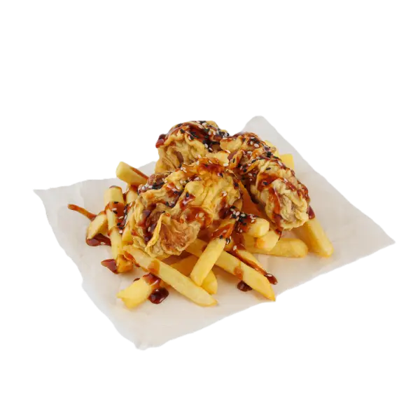 Изображение Куриные крылья в соусе бургер с картофелем фри