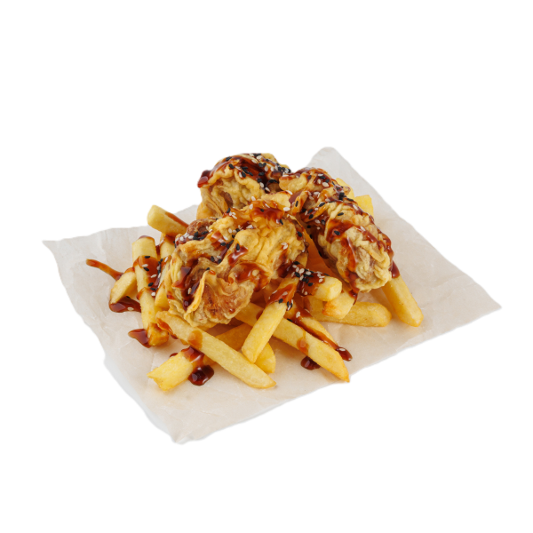 Куриные крылья в соусе бургер с картофелем фри