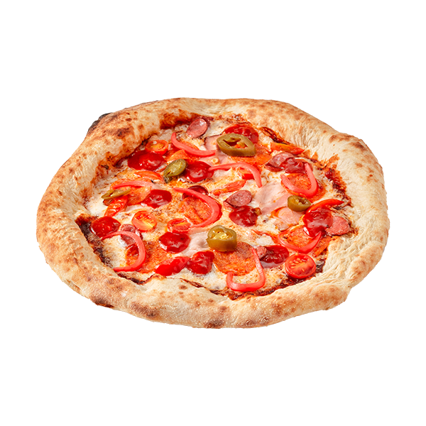 Пицца экстрамясная с беконом, колбасками и пепперони