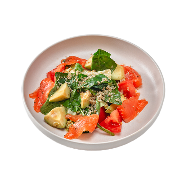 Салат с форелью малой соли, киноа и авокадо