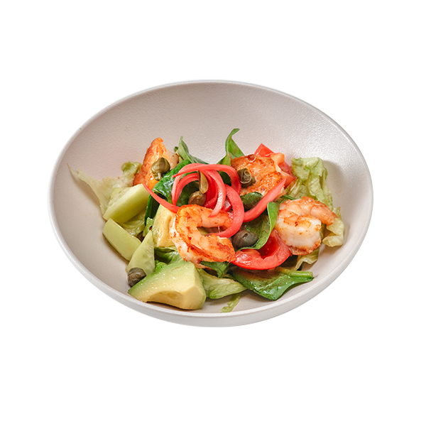 Салат с тигровыми креветками, авокадо и каперсами