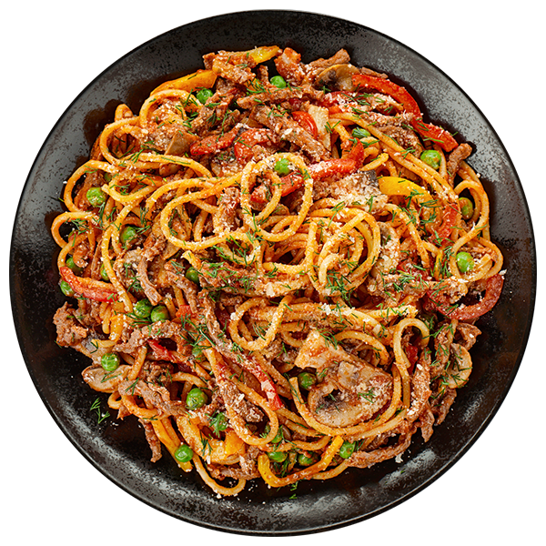 Острый с телятиной,грибами и зелёным горошком 