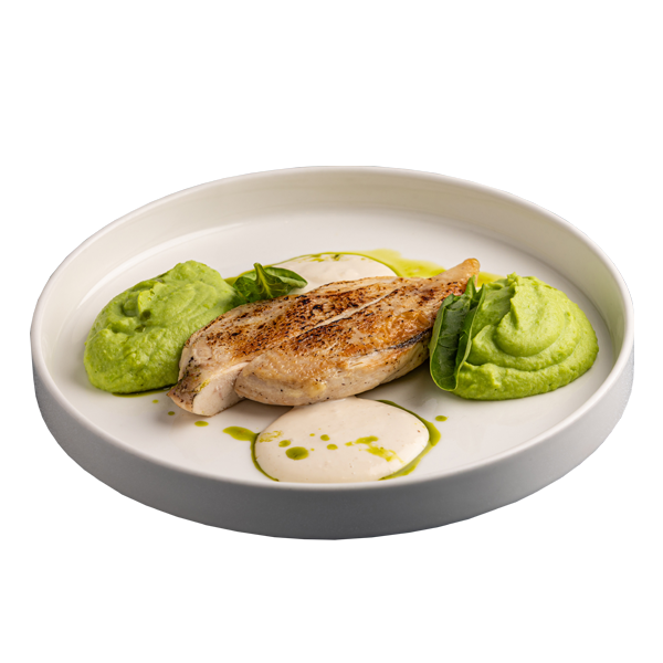 Грудка цыпленка с пюре из цветной капусты и зеленого горошка