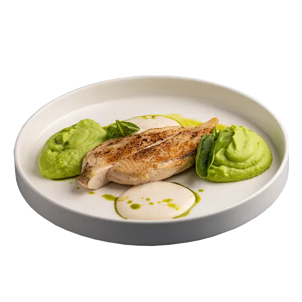 Изображение Грудка цыпленка с пюре из цветной капусты и зеленого горошка