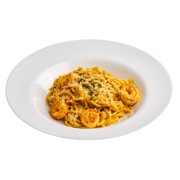 Паста с креветками и тыквенно-кокосовым соусом