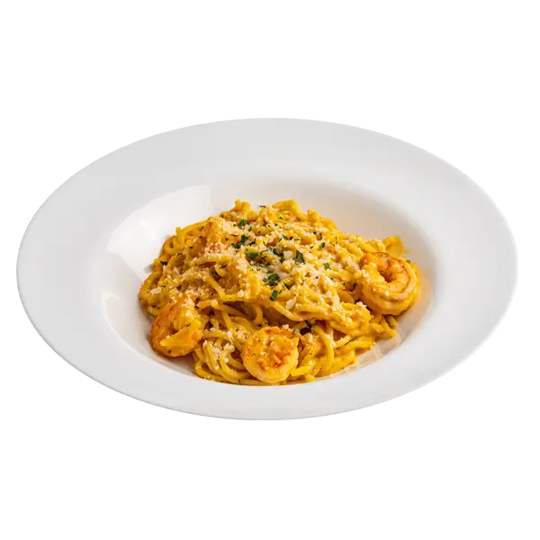 Изображение Паста с креветками и тыквенно-кокосовым соусом