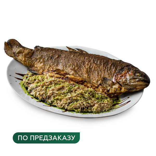 Форель фаршированная морепродуктами и ризотто